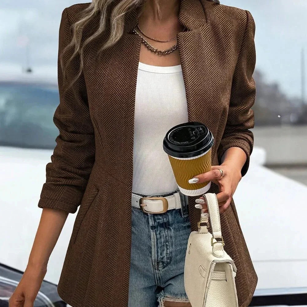 Coffee Brown Casual Women's Herringbone Pattern Long Sleeve Overcoat